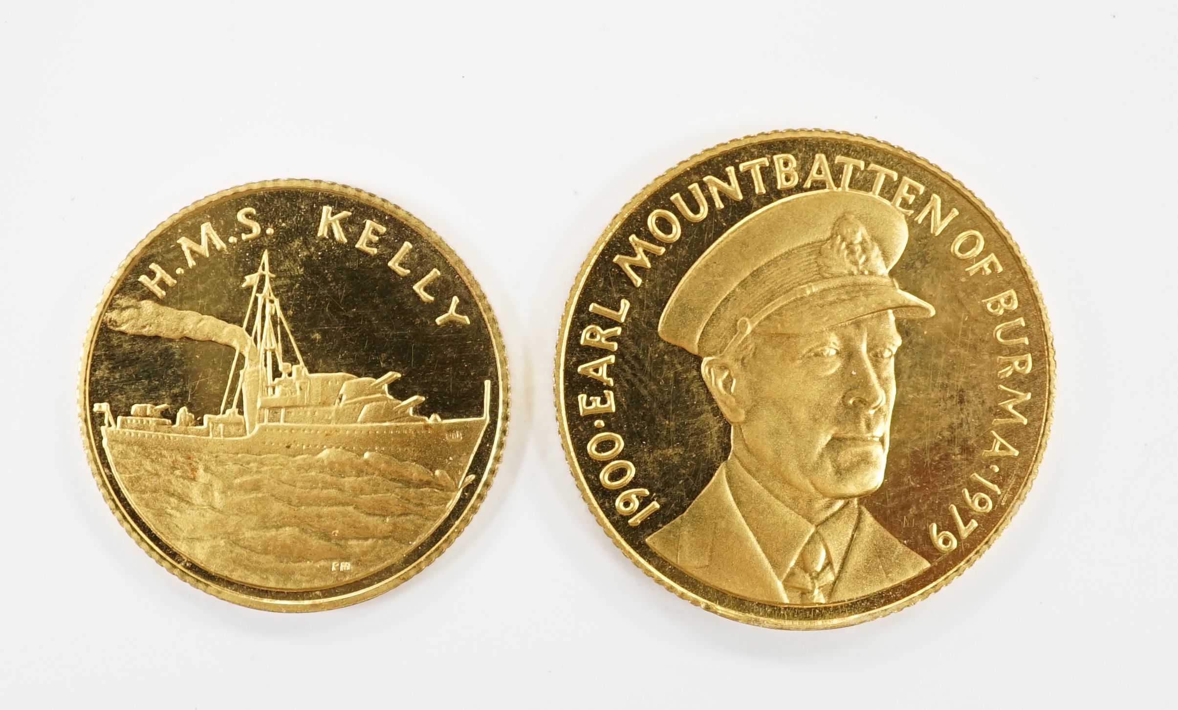 A cased Elizabeth II two piece 9ct gold Lord Mountbatten commemorative coin set, 8.1 grams.